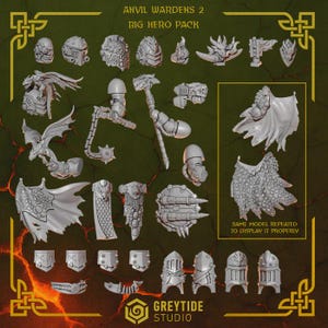 May include: A collection of unpainted miniature figurines and components for tabletop gaming. The set includes helmets, armor pieces, weapons, and dragon-like wings. The text "ANVIL WARDENS 2 BIG HERO PACK" is visible at the top. The logo for GREYTIDE STUDIO is at the bottom.
