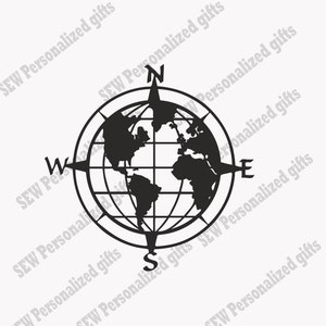 May include: A black and white compass with a globe in the center. The compass points north, south, east, and west. The globe is surrounded by a circle with lines representing latitude and longitude.