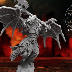 May include: A gray figurine of a winged demon warrior, holding a large axe. The figure is highly detailed, with intricate armor and skeletal features. The background is a blurred, fiery scene. The logo "ATLAN FORGE" is visible.