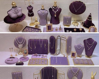 Conjunto de exhibición de joyería púrpura, soporte de anillo, busto de collar, organizador de joyas violetas, soporte de pulsera, accesorios de fotografía, terciopelo y metal