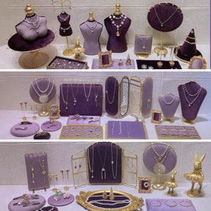 Lila Schmuck Display Set, Ring Halter, Halskette Büste, Violet Schmuck Organizer, Armband Halter, Fotografie Requisiten, Samt und Metall