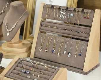 Wood Jewelry Display Set, Jewelry Organizer, Necklace Display Bust, Ring Display, Earring Display Holder, Necklace Display Stand, AN004