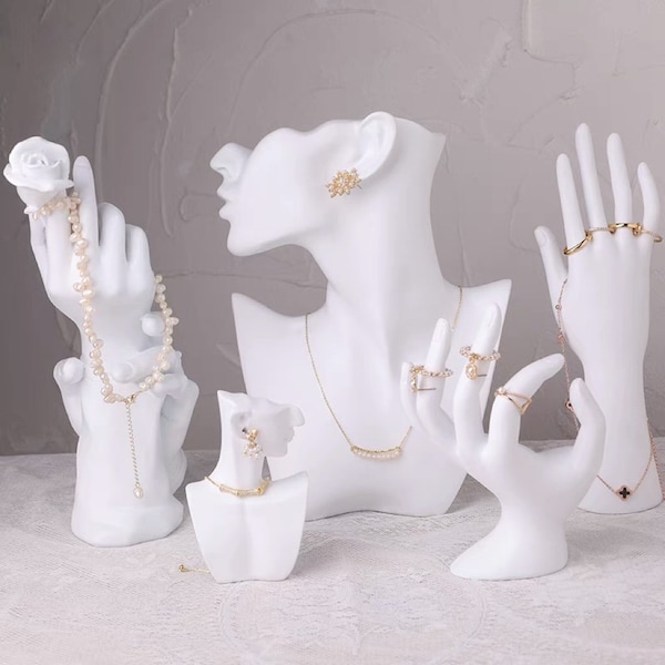 White Jewelry Display Set, Jewelry Display Stand, Necklace Display Bust, Hand Display, Mannequin Stand, Gold, Silver Jewelry Display