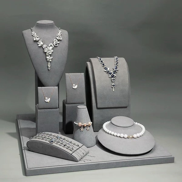 Jewelry Display Set, Necklace Display Set, Necklace Display Stand, Gray Velvet Necklace Display Bust, Bracelet Display Stand for craft show