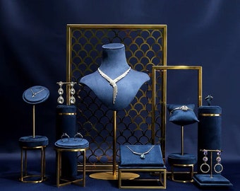 Set di espositori per gioielli blu navy, espositore per collana, busto di espositore per collana di velluto, espositore per braccialetto per spettacolo di artigianato
