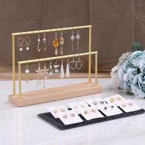 Wood and Metal Earring Holder, Earring Stand, Earrings Display Set, Gold Earring Display Stand, Earring Holder Stand with Holes image 3