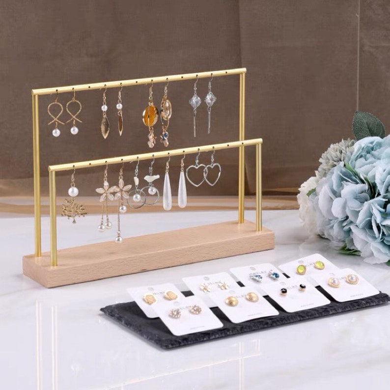 Wood and Metal Earring Holder, Earring Stand, Earrings Display Set, Gold Earring Display Stand, Earring Holder Stand with Holes image 3