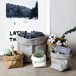 Recipiente de papel kraft lavável para armazenamento, alimentos, plantio, embrulho de presente e transportador de animais de estimação, caixa de brinquedos, saco de papel lavável, pote, cesta, caixas