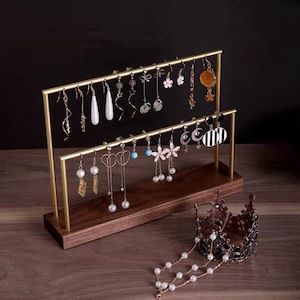 Wood and Metal Earring Holder, Earring Stand, Earrings Display Set, Gold Earring Display Stand, Earring Holder Stand with Holes