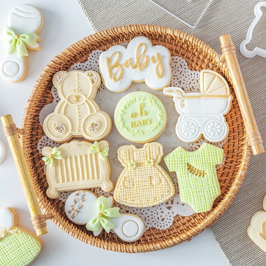 Baby Shower Cookie Cutter and Embosser Set, New Baby Fondant Cutter, Clay Cutter, Baby BundleBaby Dress Baby Carriage Rattle Fondant Mold