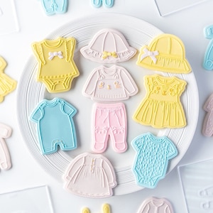 Baby Shower Cookie Cutter and Embosser Set, New Baby Fondant Cutter, Clay Cutter, Baby Bundle, Baby Dress Baby Clothes Fondant Mold