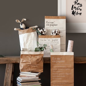 Contenitori in sacchetti di carta francesi, sacchetti di carta Kraft, contenitori in sacchetti di carta, interni per bambini, contenitori per giocattoli, sacchetti per riporre, carta da regalo, vita semplice, nordico