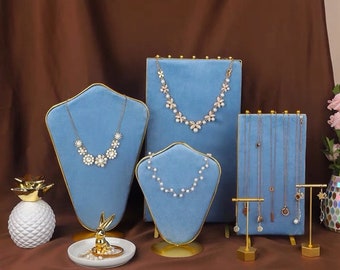 Espositore per collana di velluto azzurro, espositore per gioielli, supporto per espositore per collana, espositore per gioielli per spettacolo di artigianato