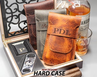 XL Leather Cigar Case with Hard Shell lining and Pocket - Personalized Gift Set, Humidor, Lighter, and Cutter (Various Combinations)