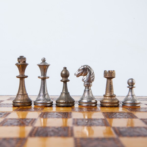 Vintage Italian "Italfama" metal chess set, K= 5cm / 2" with handmade Wooden Chess Board and Box