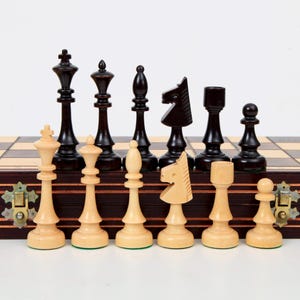 Vintage Polish Folding Chess Set, KH 10 cm/4 in., 1990's East European Chess Set with Original Wooden Folding Chess Board