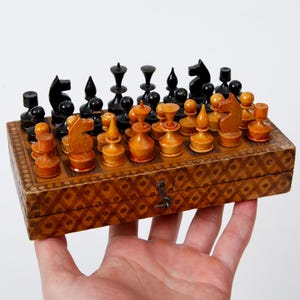Old Handmade Small Chess Set 17x17 cm, 1950&#39;s Wooden Travel Chess Set from East. Europe with Pyrography Decorated Folding Chess Board