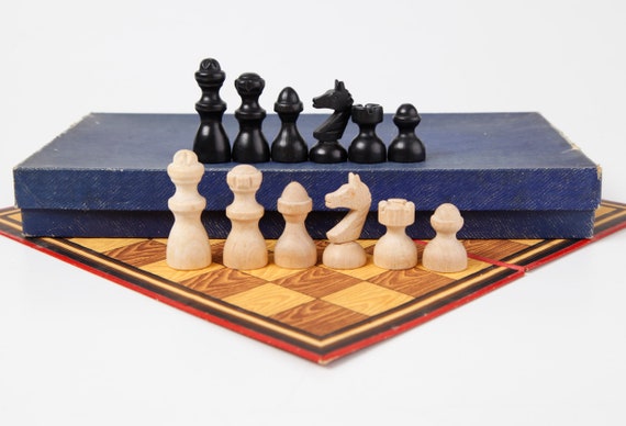 Chess Wooden Checkers Folding Board Game Box Set Vintage Checkers