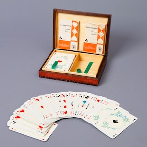 2 jeux de cartes à jouer vintage avec boîte de rangement en bois, beau design de cartes à jouer pour bridge, fabriqué en Allemagne, boîte de rangement fait main
