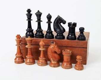 Antiguo juego de ajedrez alemán "Habera" KH 9 cm/ 3,5", antiguo juego de ajedrez de madera hecho a mano en patrón Staunton con caja de almacenamiento original