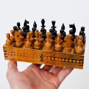 Old Handmade Small Chess Set 17x17 cm, 1950&#39;s Wooden Travel Chess Set from East. Europe with Pyrography Decorated Folding Chess Board