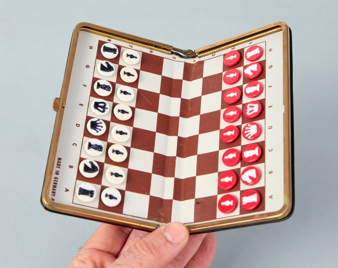 Vintage German Pocket Chess Set With Leather Case, Folding