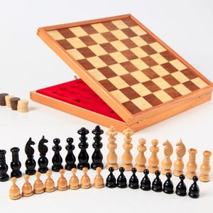 Vintage Chess and Checkers Set with Board, KH 8 cm/3,15 in., Italian Chess set with Wooden Chess Board 34x34cm/14x14&quot;