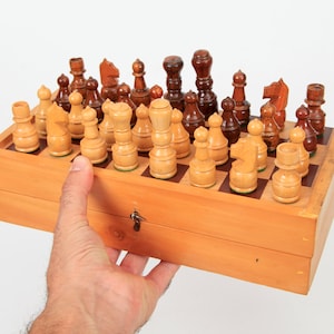 Vintage Handmade Yugoslavian Chess Set with Folding Board KH 7 cm/2.7 in., Weighted Chess Set from East. Europe with Folding Chess Board