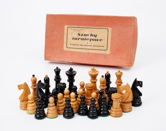 Juego de ajedrez polaco antiguo para torneos, KH 9 cm./3,5 pulg., piezas de ajedrez Staunton de madera de la década de 1960, procedentes de Europa del Este, caja original.