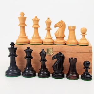 Luxury Staunton Chess Set, Drueke Design, KH 9cm /3,5 in., Fine Boxwood & Ebony Chessmen, Double Weighted Chess Set with Storage Box