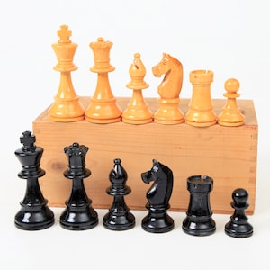 May include: A set of wooden chess pieces in a wooden box. The pieces are arranged in two rows, with the white pieces on top and the black pieces on the bottom. The pieces are all in their original positions, with the king and queen in the center.