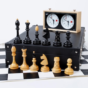 Vintage Czech Combo Chess Set incl. Original "Ceska Klubovka" Chessmen, Prim Gambit Chess Clock, Vinyl Chess Board, Storage Suitcase
