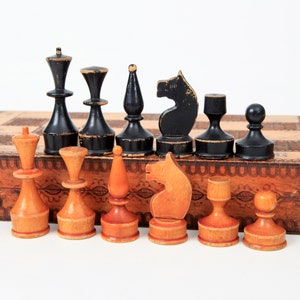 Vintage Handmade Chess Set with Pyrography Decorated Folding Chess Board, KH 7 cm., 1970's Handmade Wooden Chess Set form Eastern Europe