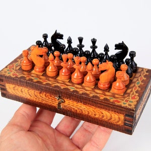 Old Handmade Miniature Chess Set, KH 3cm, Antique or Vintage Wooden Travel Chess Set with Pyrography Decorated Folding Chess Board 17x17cm.