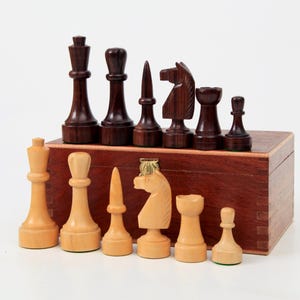 Modern German Bundesform Chess Set, KH 9cm /3,5 in., Exotic Wood Weighted Chess Set with Original Storage Box