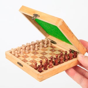 1960's Wooden Travel Chess 12,5x12,5 cm. /5x5"., Small Vintage Pegged Chess Set, Luxurious Pocket Chess Set