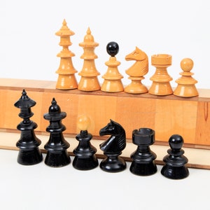 Vintage Coffee House Chess Set with Roll-up Chess Board, KH 9 cm/3,5 in, Old Handmade Austrian Chess Set With Folding Chess Board 40x40cm.