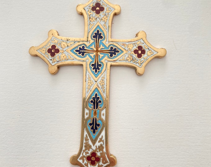 Antique baroque style multi-colored vitrified enamelled bronze cross