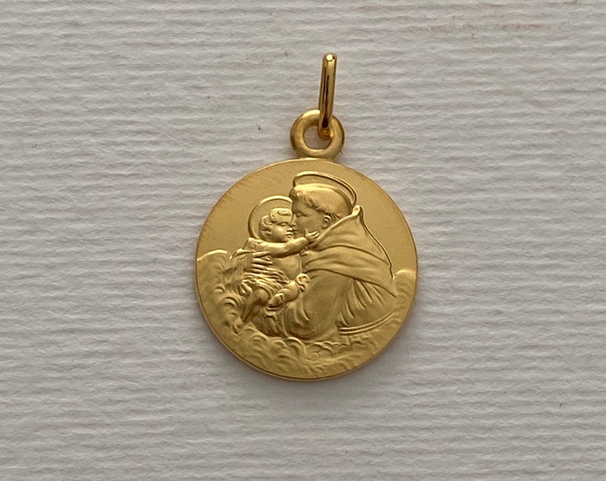 FREE SHIPMENT Medal pendant of Sant Antonio 16mm gold plated 3 microns amazing details french handmade 16 millimeters very beautiful work