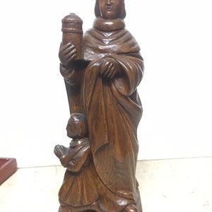 Saint Damien statue, patron saint of nurses, doctors, pharmacists, hand-carved, 33 cm, in dark wood (from collection: Dominique SUPIOT)