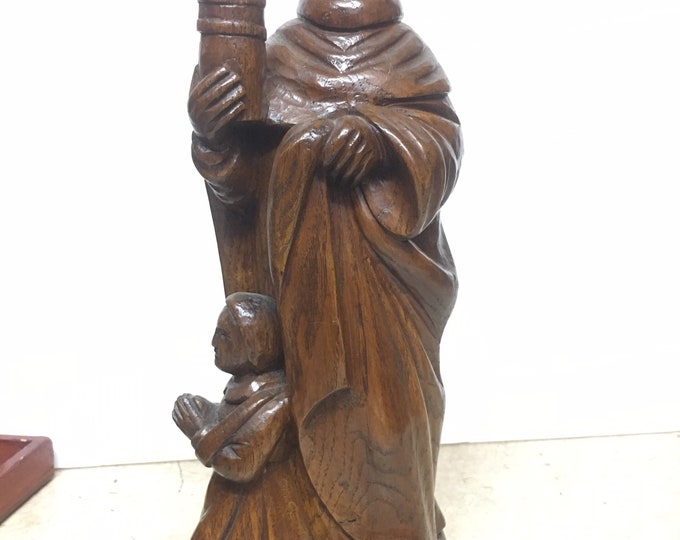 Saint Damien statue, patron saint of nurses, doctors, pharmacists, hand-carved, 33 cm, in dark wood (from collection: Dominique SUPIOT)