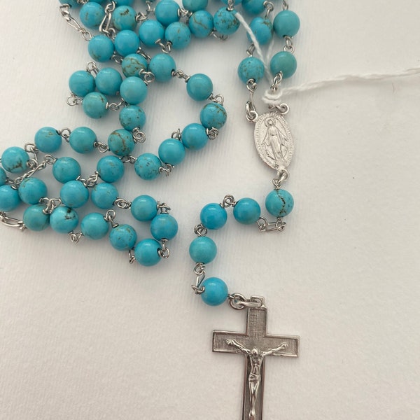 Chapelet Religieux de France en argent 925 et pierres turquoise , cœur du chapelet Vierge Marie et Jesus sur La Croix en pendentif