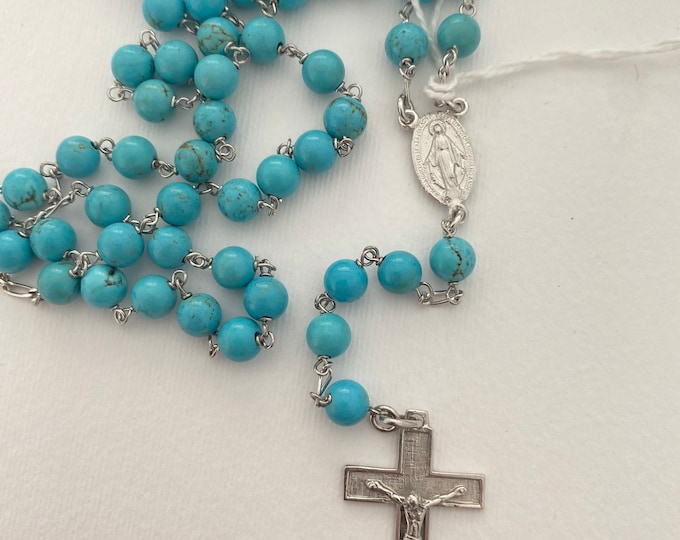 Religious Rosary of France in silver 925 and turquoise stones, heart of the Virgin Mary and Jesus Rosary on The Cross pendant