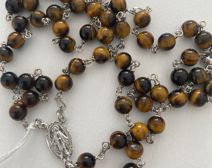 Religious Rosary of France in silver 925 and tiger's eye stones, heart of the Virgin Mary and Jesus Rosary on The Cross pendant