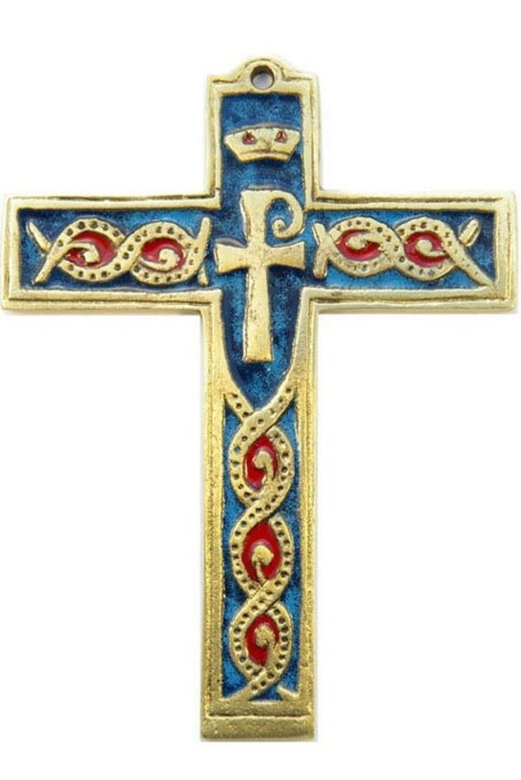 Croix en Bronze Doré Émaillé Vitrifié Volutes Bleues Style Antique Baroque Symbole Pax 10cm X 13cm F