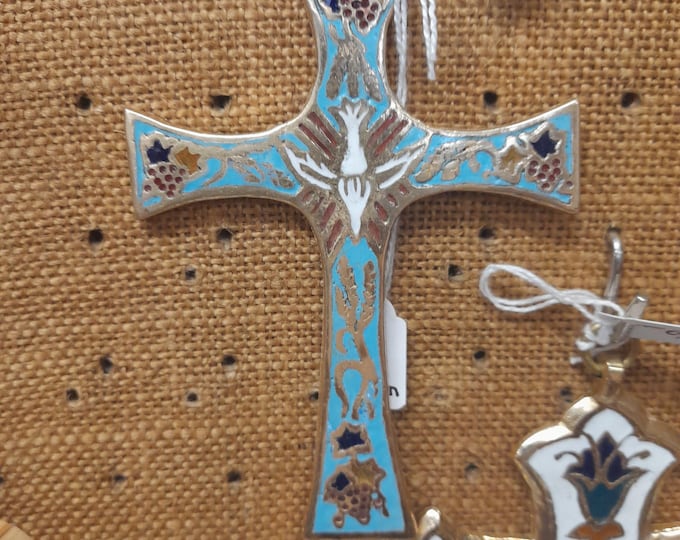 Antique baroque style multi-colored vitrified enamelled bronze cross