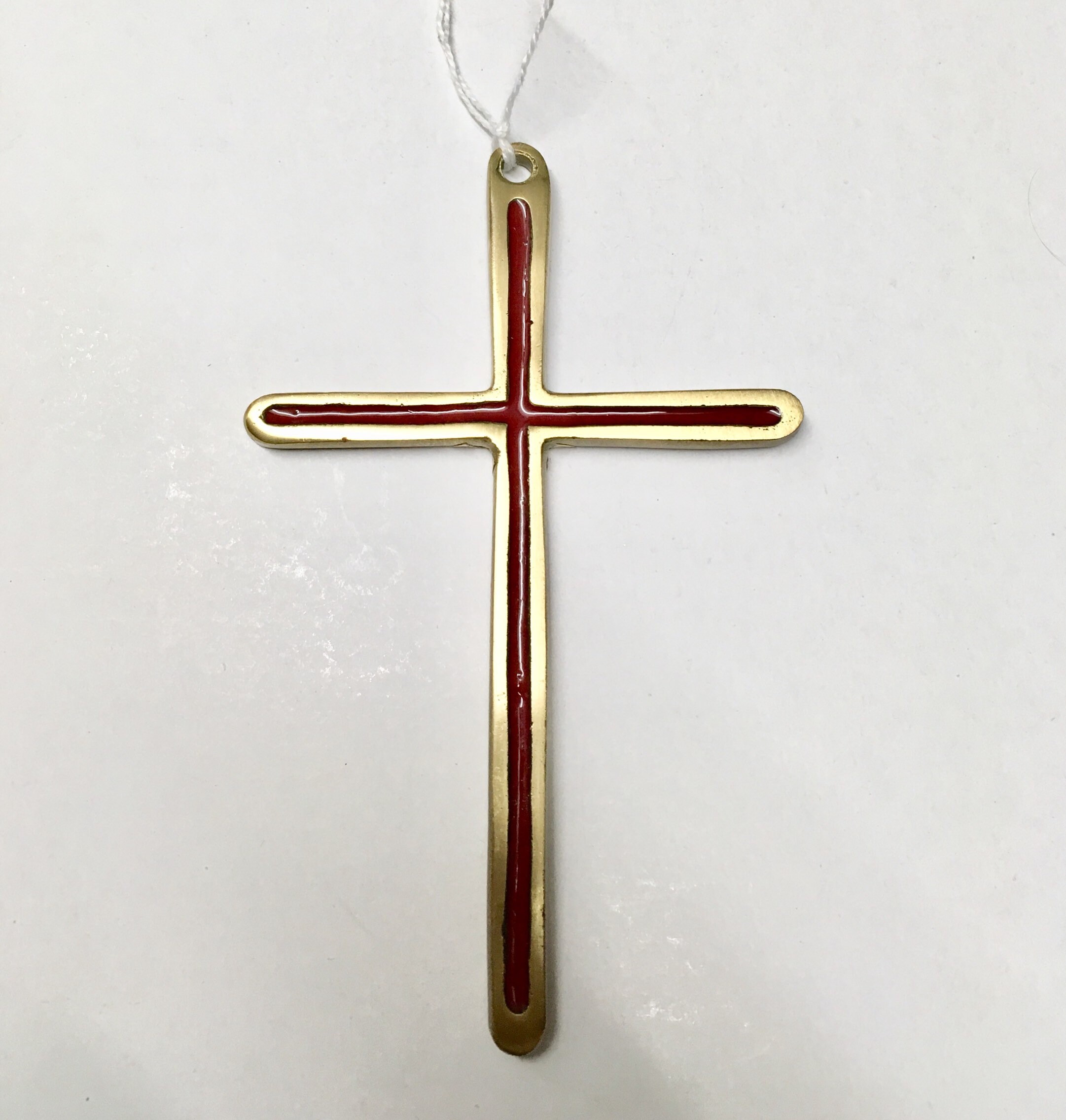 Art Du Bronze Religieux, Croix Vitrée en Emaillé Rouge Style Medieval