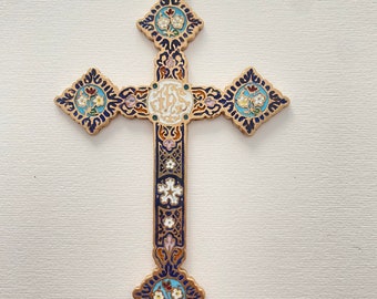 Antique baroque style multi-colored vitrified enamelled bronze cross