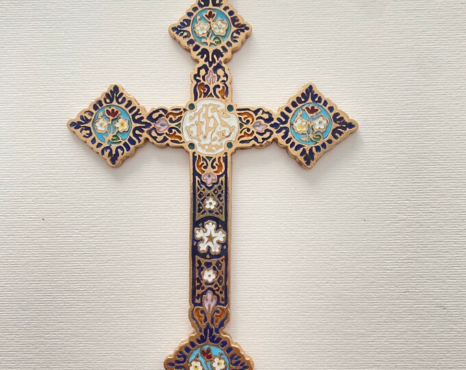 Antique baroque style multi-colored vitrified enamelled bronze cross