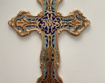 Antique baroque style multi-colored vitrified enamelled bronze cross